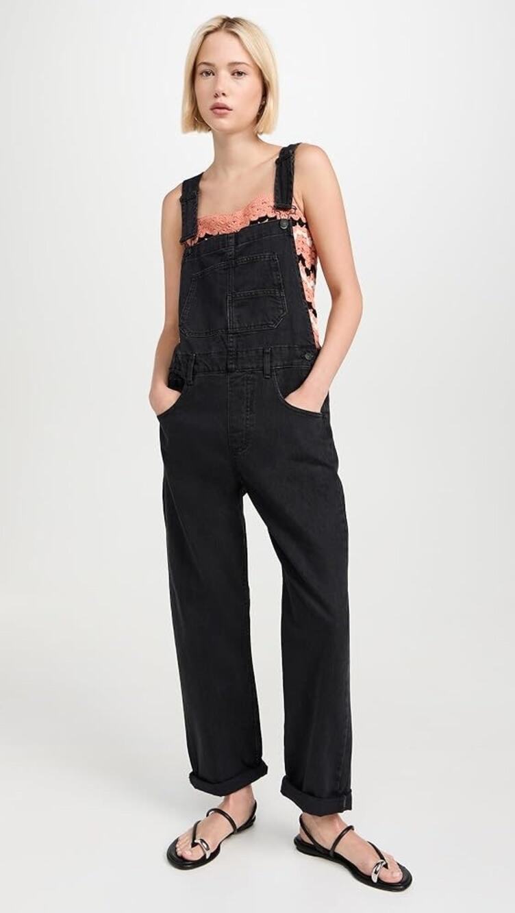 We The Free Gray Black Ziggy Overalls 90s Retro Casual Boho Cotton Women size XS